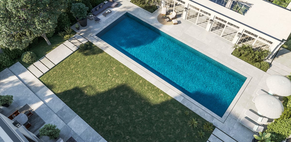 SS Residence — Lawn, pool and poolhouse form three parallel zones across the garden.