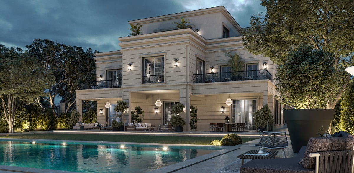 SS Residence — The garden elevation extends domestic life into a covered loggia beside the pool.