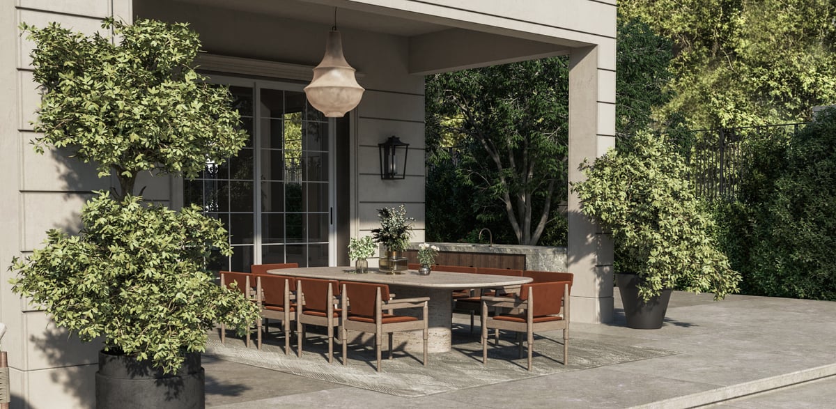 SS Residence — Outdoor dining occupies the depth of the loggia, close to the house and open to the garden.