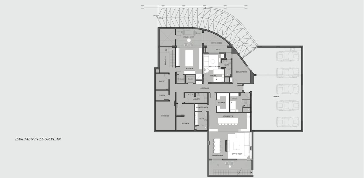 SS Residence — Basement — the garage shares the lower level with living and support spaces.