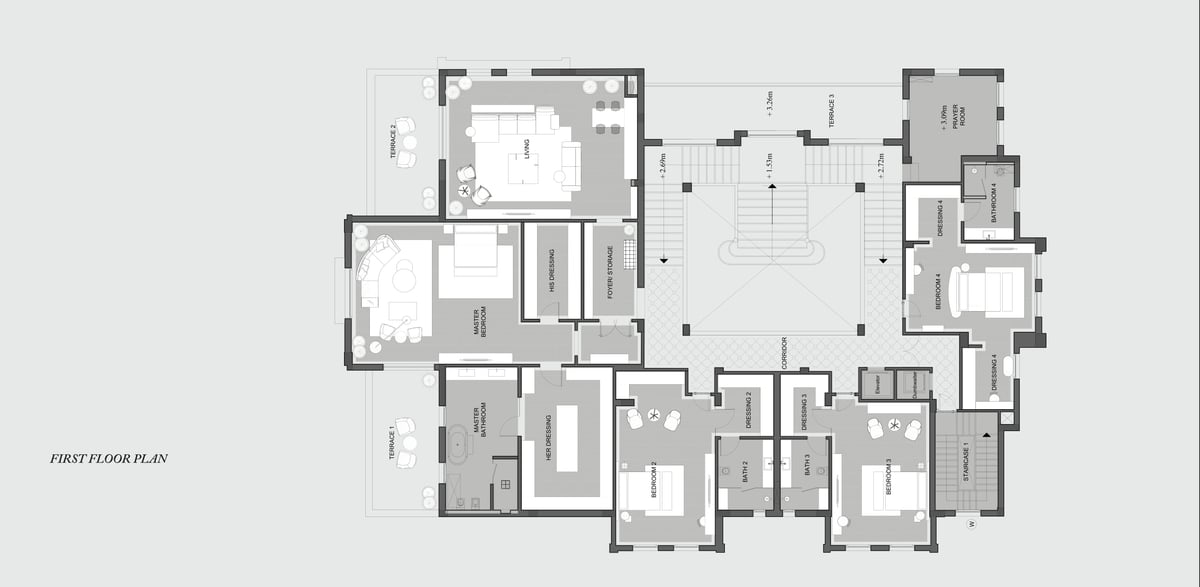 SS Residence — First floor — bedroom suites gather around the central stair hall.