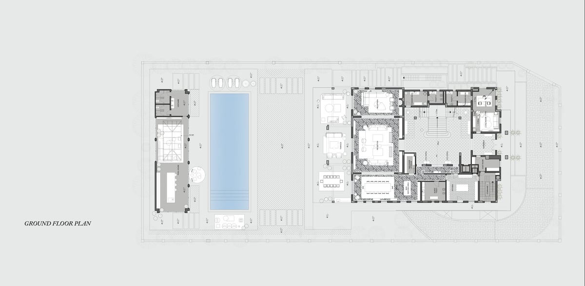 SS Residence — Ground floor — reception rooms lead towards the garden, with the poolhouse facing the residence across the water.