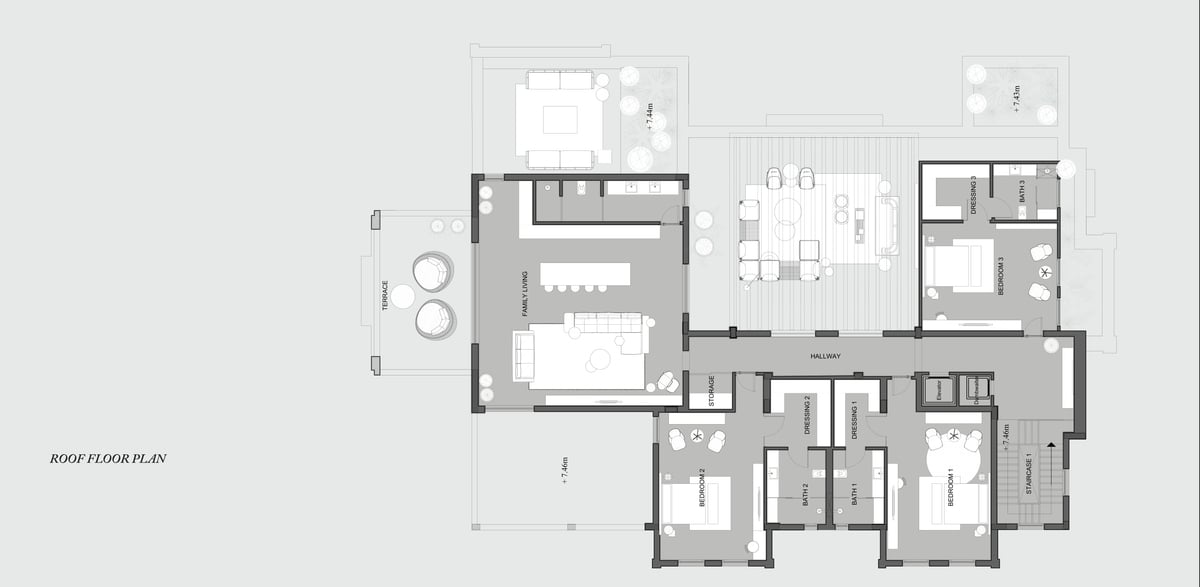 SS Residence — Roof floor — family living opens to terraces set back from the main façade.