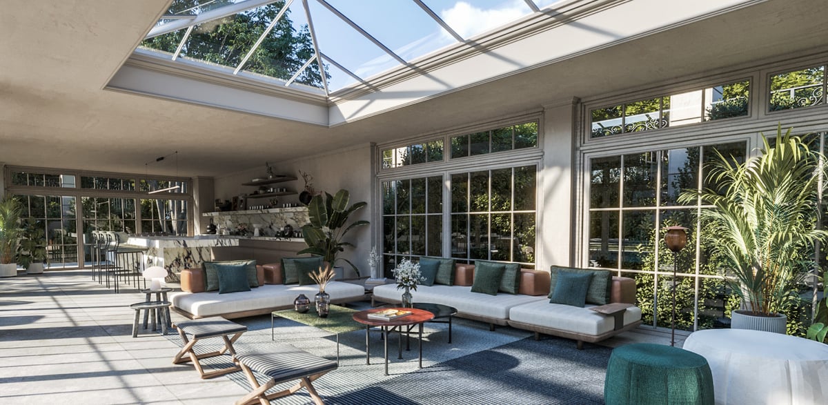 SS Residence — A glazed roof brings daylight into the centre of the poolhouse lounge.