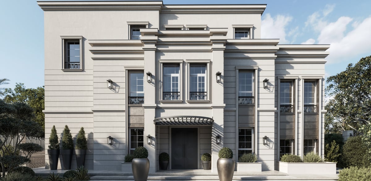 SS Residence — The street composition uses symmetry to make the front door immediately legible.