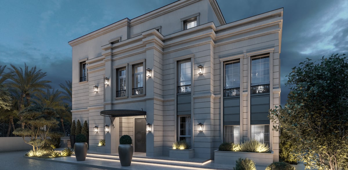 SS Residence — Projecting cornices establish a common datum across the different heights of the street elevation.