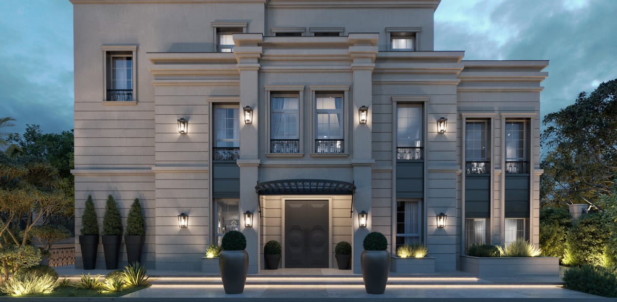 SS Residence — The entrance sits on the central axis, framed by tall windows and paired pilasters.