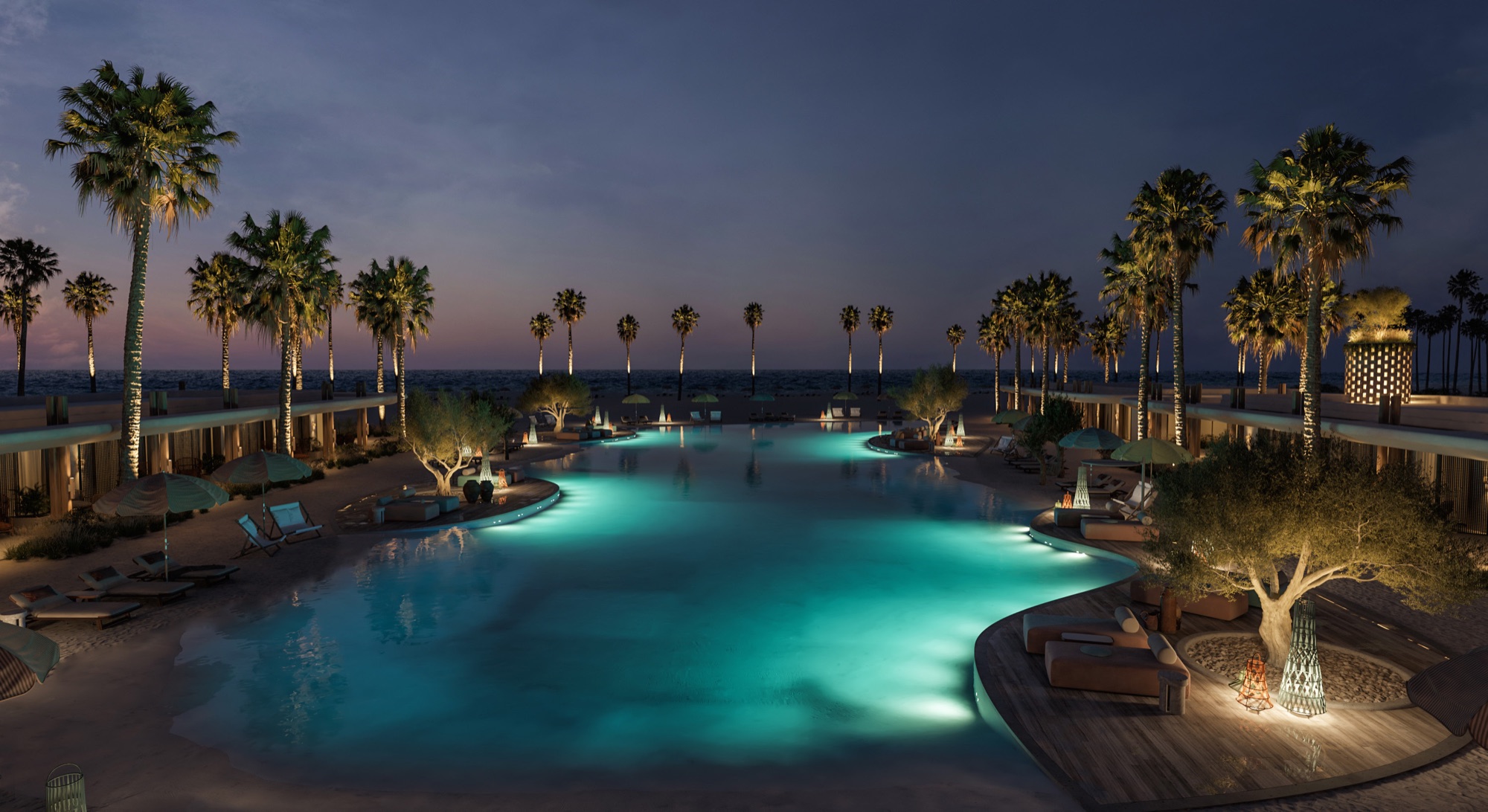 Zoya Ghazala Bay — Cabanas at night on the lagoon